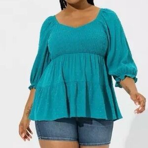 Torrid Crinkle Gauze Smocked 3/4 Blouson Top Sz 4X Tiered Peasant Swiss Dot Blue